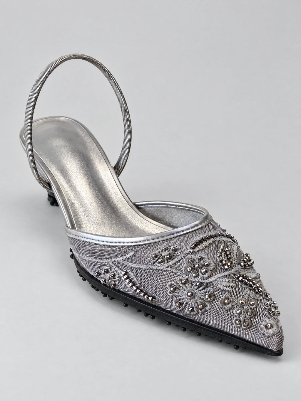 Black Back Strap Slingback High Heels shown in close-up with an embroidered floral mesh vamp, bead embellishments, and looped slingback strap.