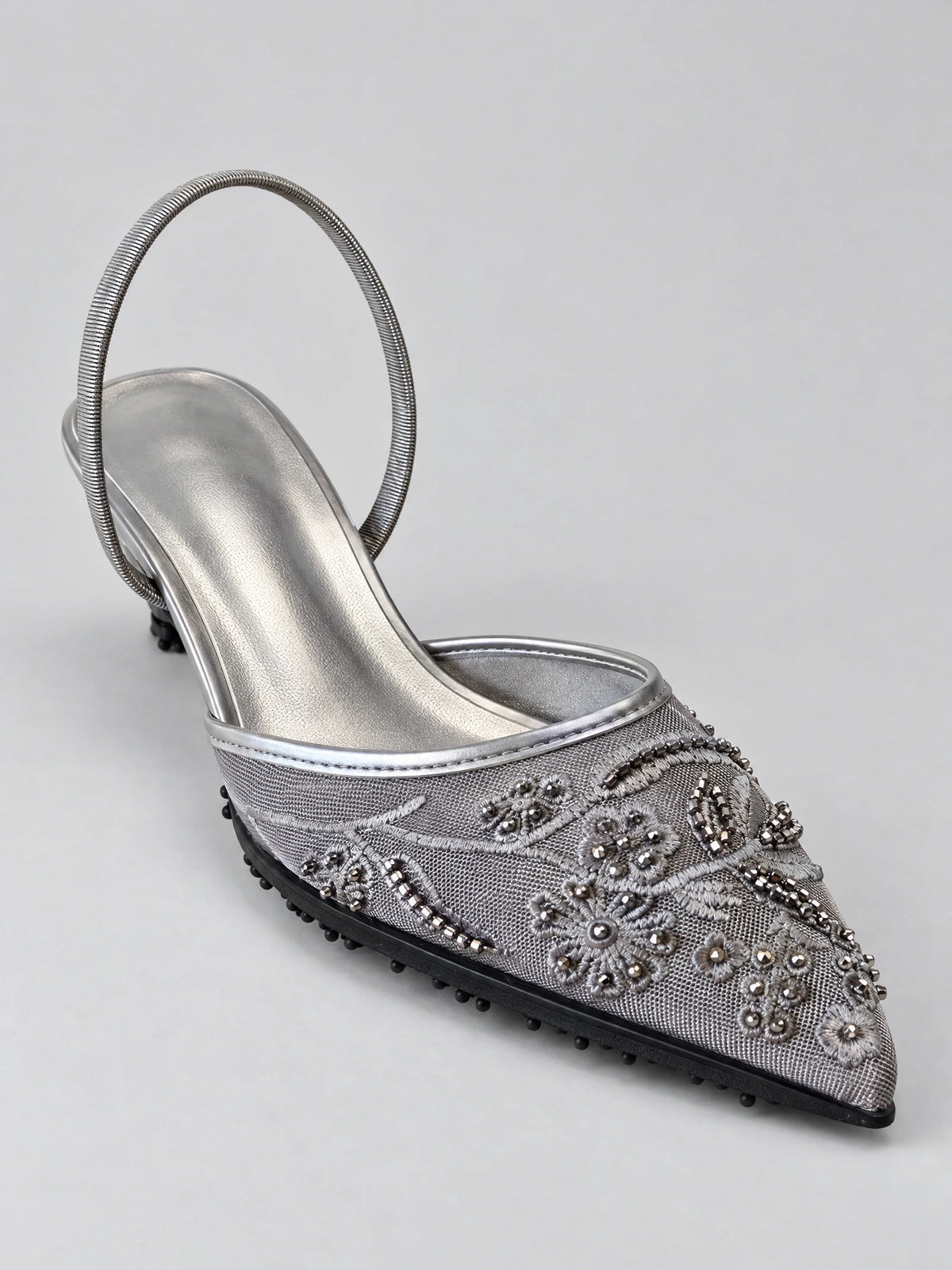 Black Back Strap Slingback High Heels shown in close-up with an embroidered floral mesh vamp, bead embellishments, and looped slingback strap.