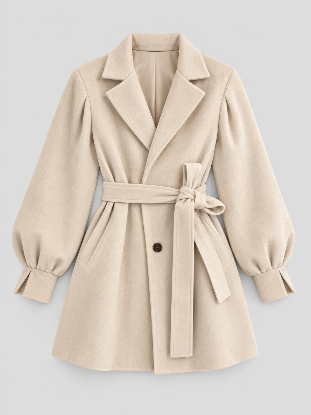 Beige belted lantern sleeve wool coat laid flat, featuring a notched collar, tied waist belt, and gathered cuffs.