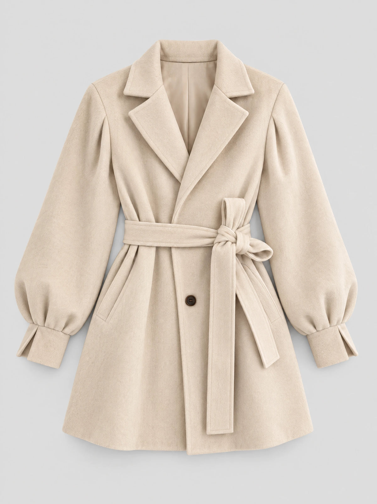 Beige belted lantern sleeve wool coat laid flat, featuring a notched collar, tied waist belt, and gathered cuffs.