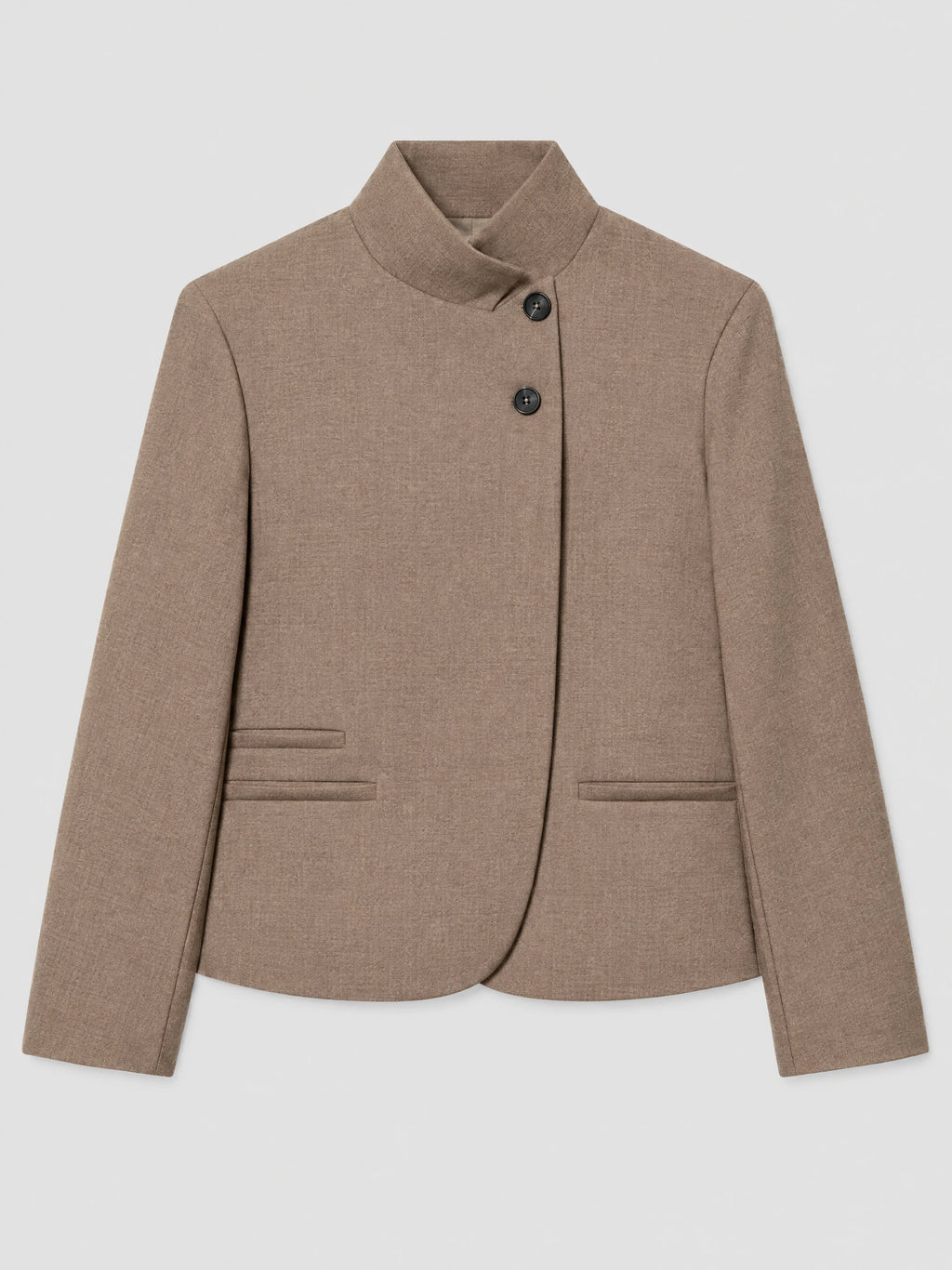 Brown Blazer Blouse laid flat, featuring a stand collar, two-button closure, long sleeves, and welt pockets.