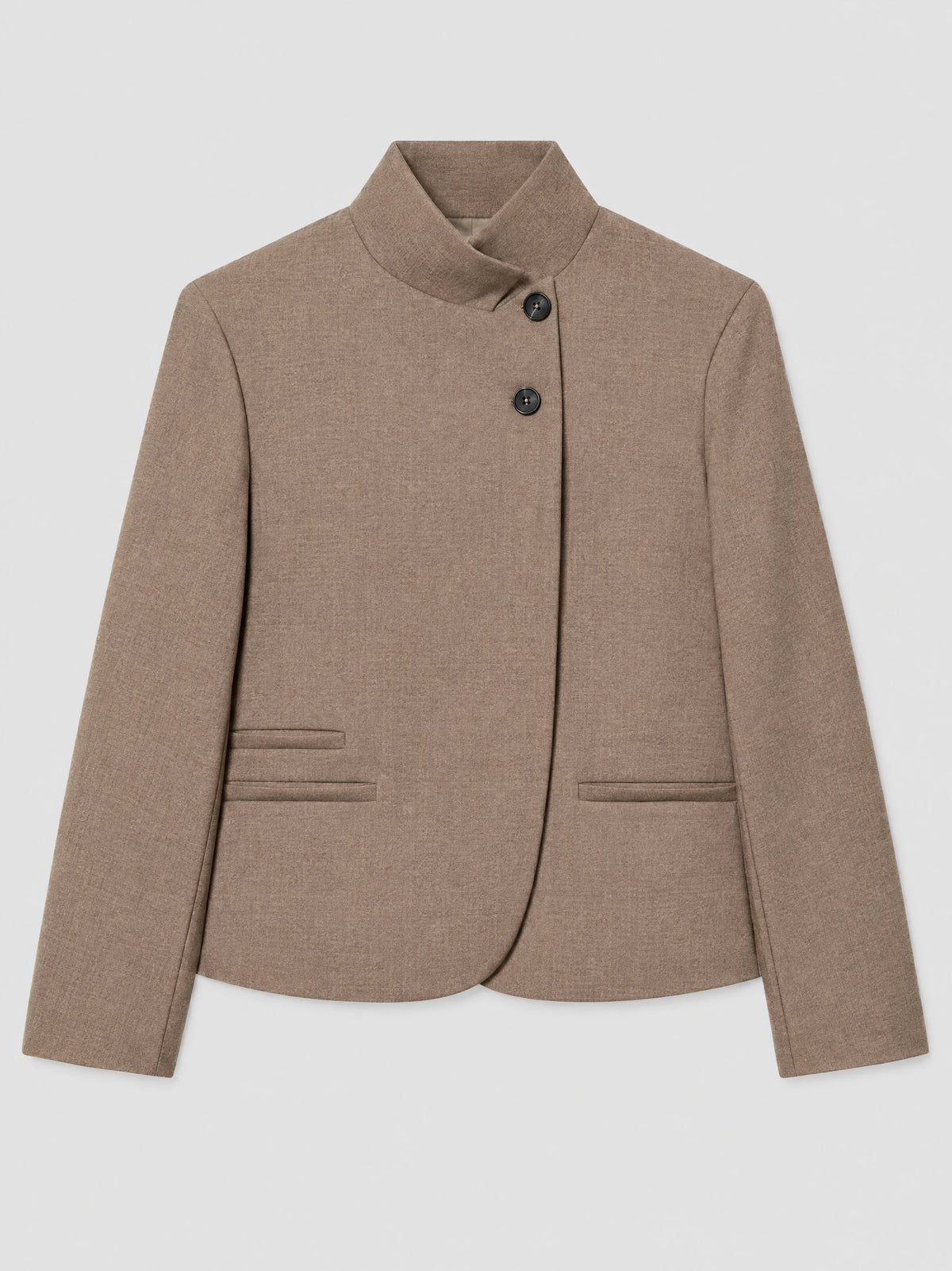 Brown Blazer Blouse laid flat, featuring a stand collar, two-button closure, long sleeves, and welt pockets.