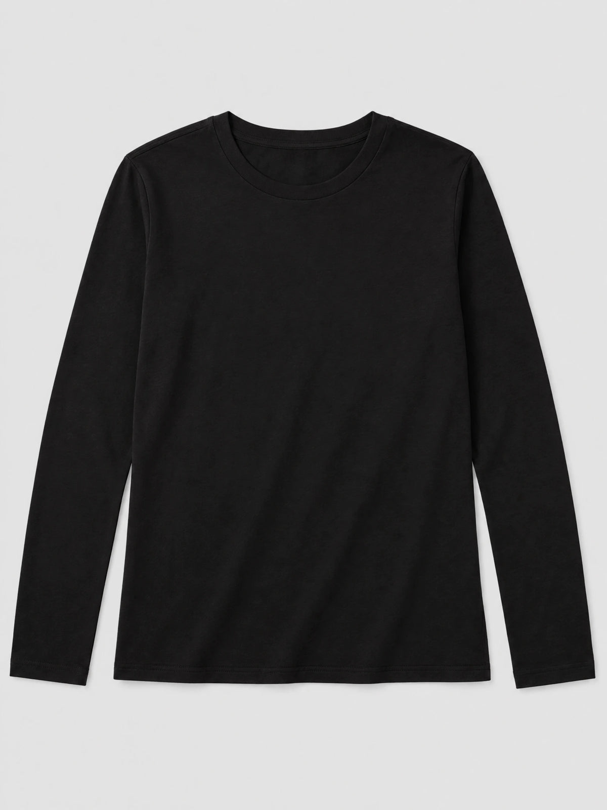 Black cotton long sleeve T-shirt laid flat, featuring a classic crew neckline and straight hem.