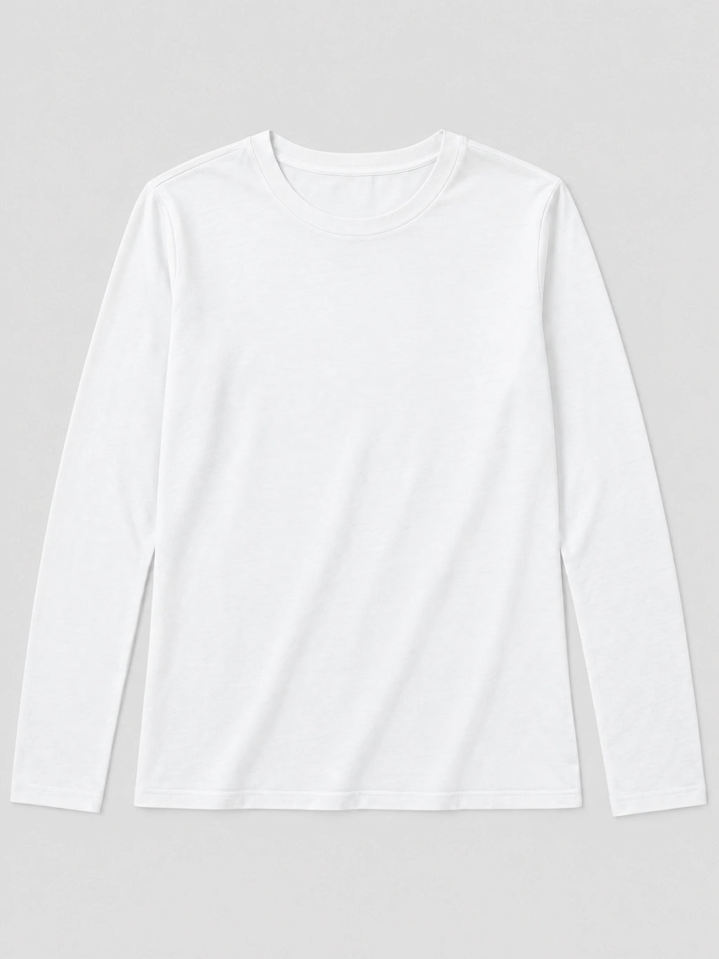 White cotton long sleeve T-shirt laid flat, featuring a classic crew neckline and straight hem.