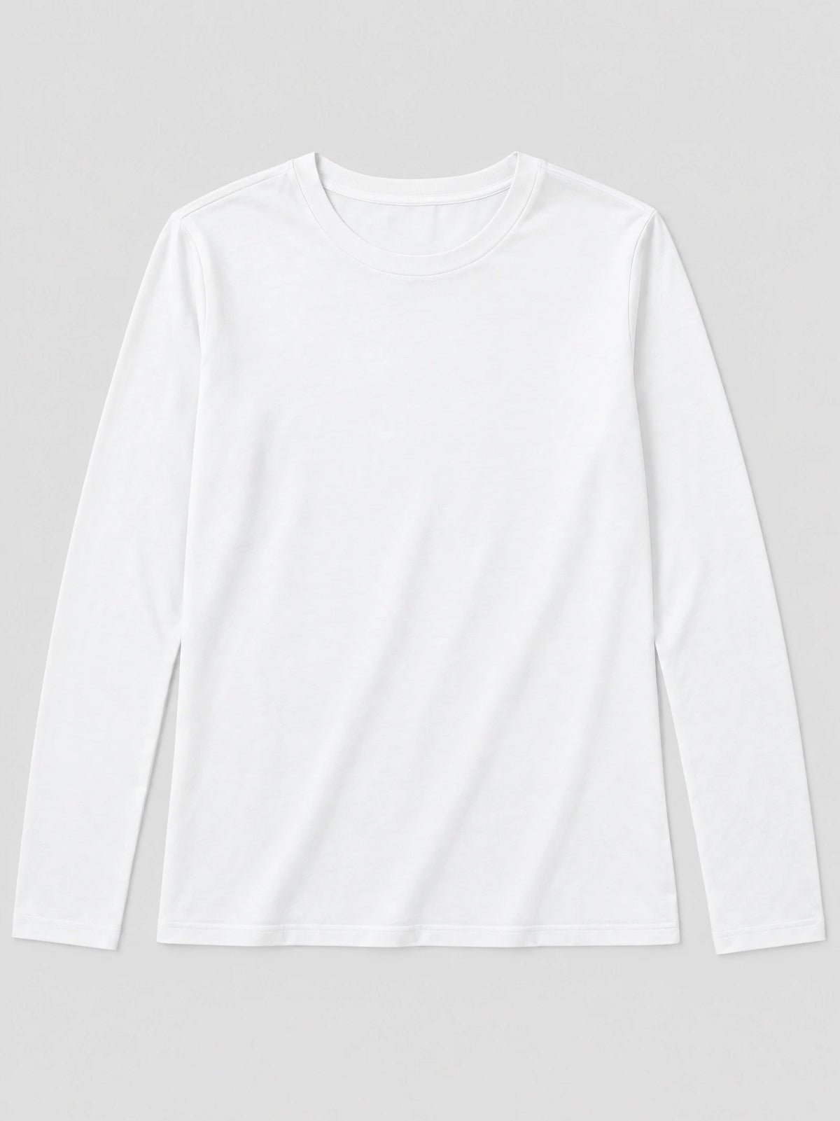 White cotton long sleeve T-shirt laid flat, featuring a classic crew neckline and straight hem.