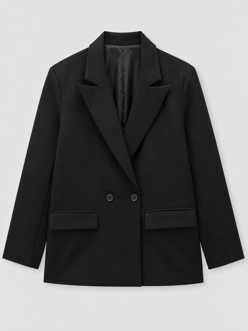 Black double breasted blazer laid flat, featuring notched lapels, two front buttons, and flap pockets.