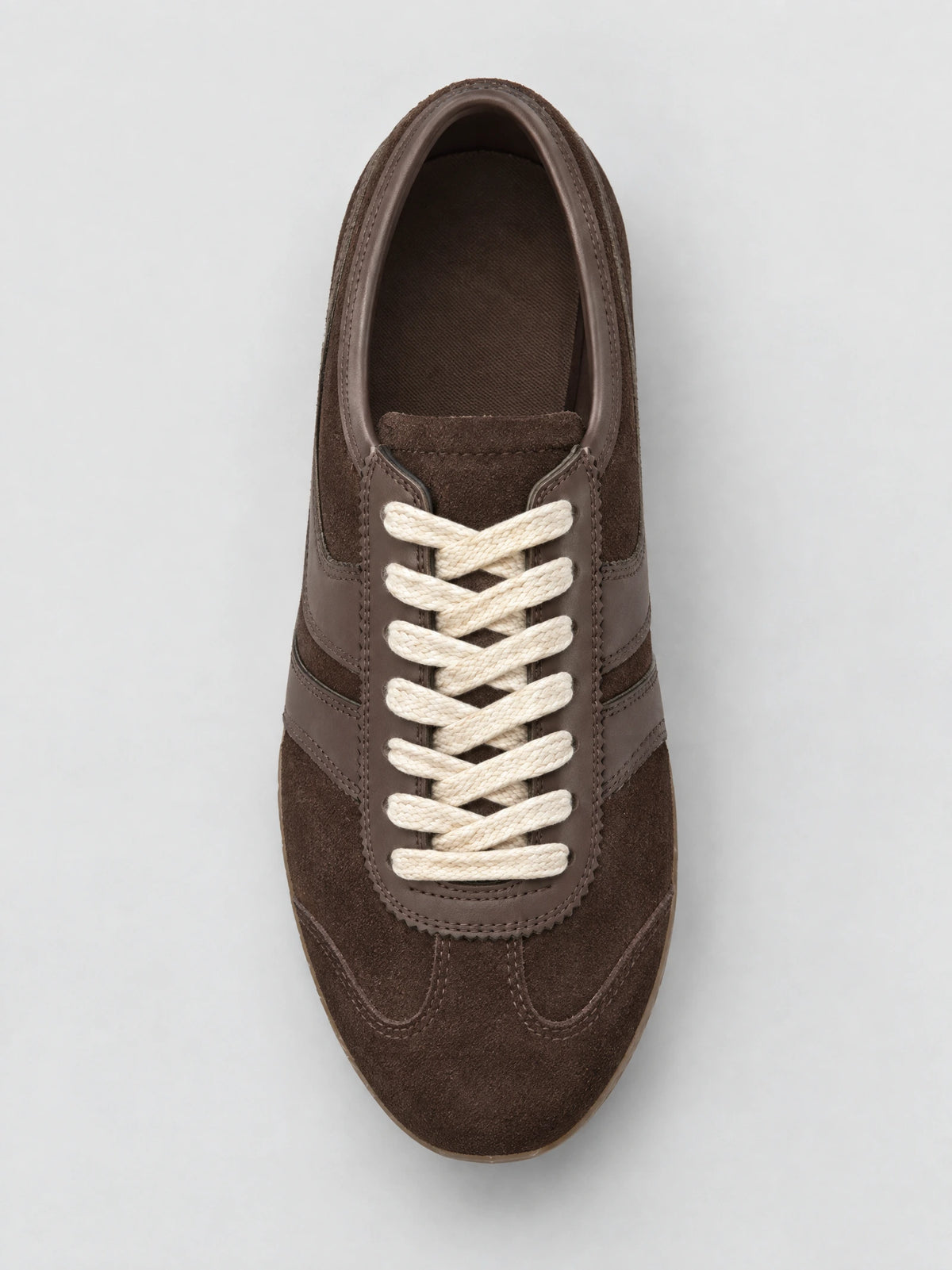 Top-down view of a Brown Gats Shoes leather sneaker with laces, stitched overlays, and a suede-textured upper.