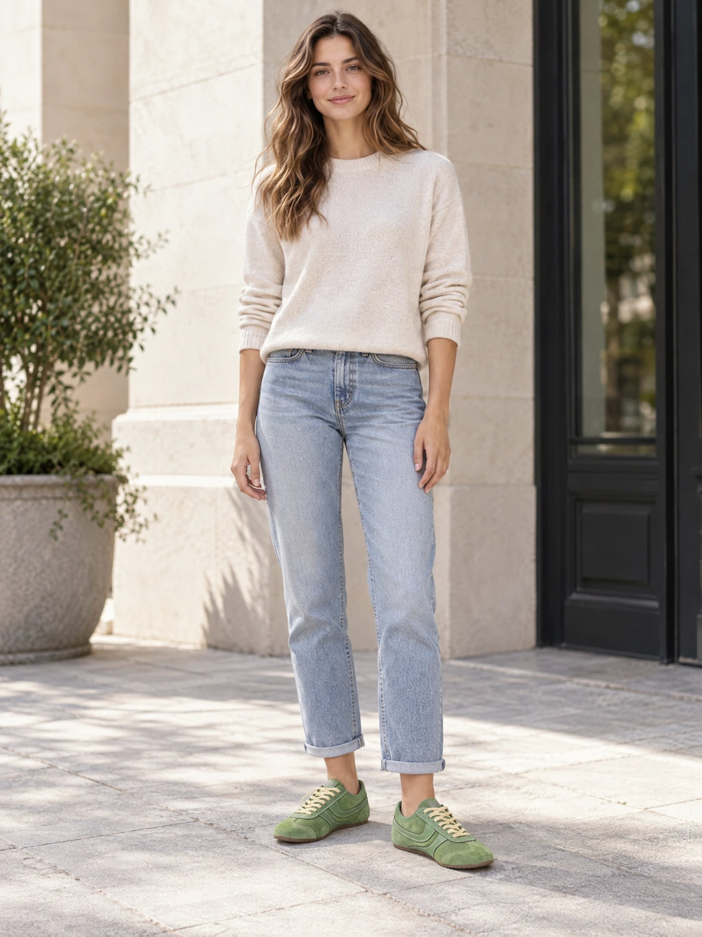 Model wearing Green Gats Shoes lace-up leather sneakers on a paved walkway outside a stone-front building.