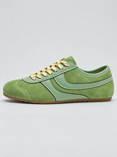 Side view of a Green leather Gats Shoes sneaker with suede panels, contrast stitching, and lace-up closure.