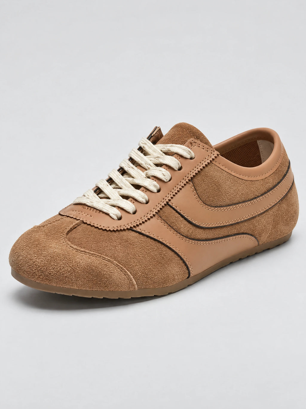 Khaki Gats Shoes sneaker close-up showing textured leather panels, stitched overlays, and lace-up closure.