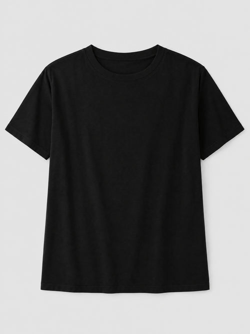 Black heavyweight cotton women's T-shirt laid flat, showing the front, crew neckline, and short sleeves.