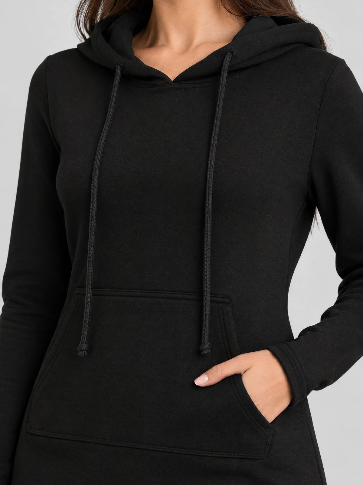 Close-up of a Black cotton hooded dress with drawstrings and a front kangaroo pocket.
