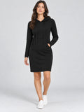 Model wearing a Black cotton hooded dress with drawstrings and a kangaroo pocket in a front studio view.