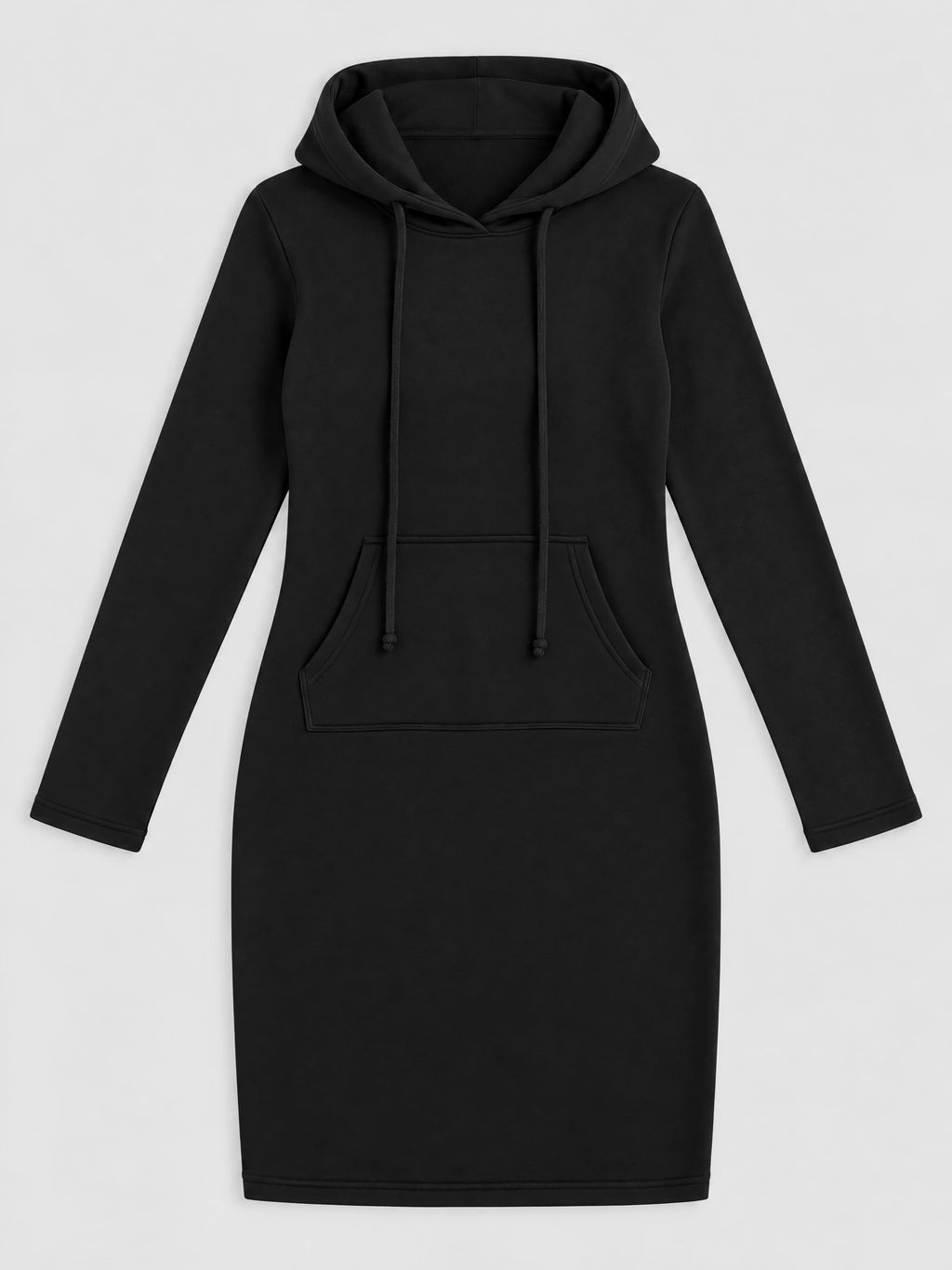 Black cotton hooded dress laid flat, featuring long sleeves, drawstrings, and a front kangaroo pocket.