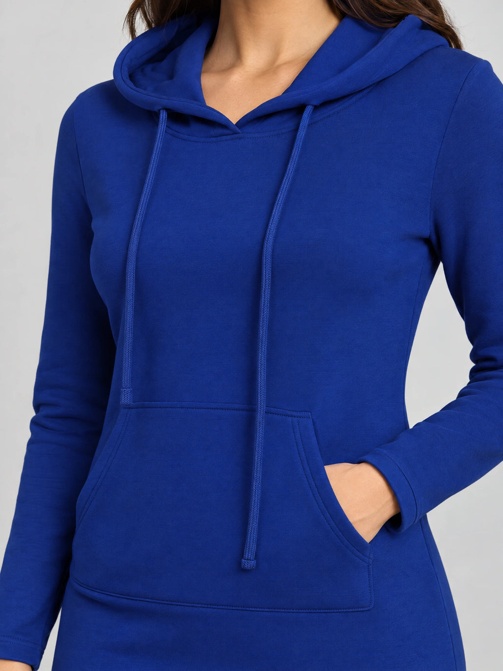 Close-up of a Blue cotton hooded dress with drawstring hood and front kangaroo pocket.