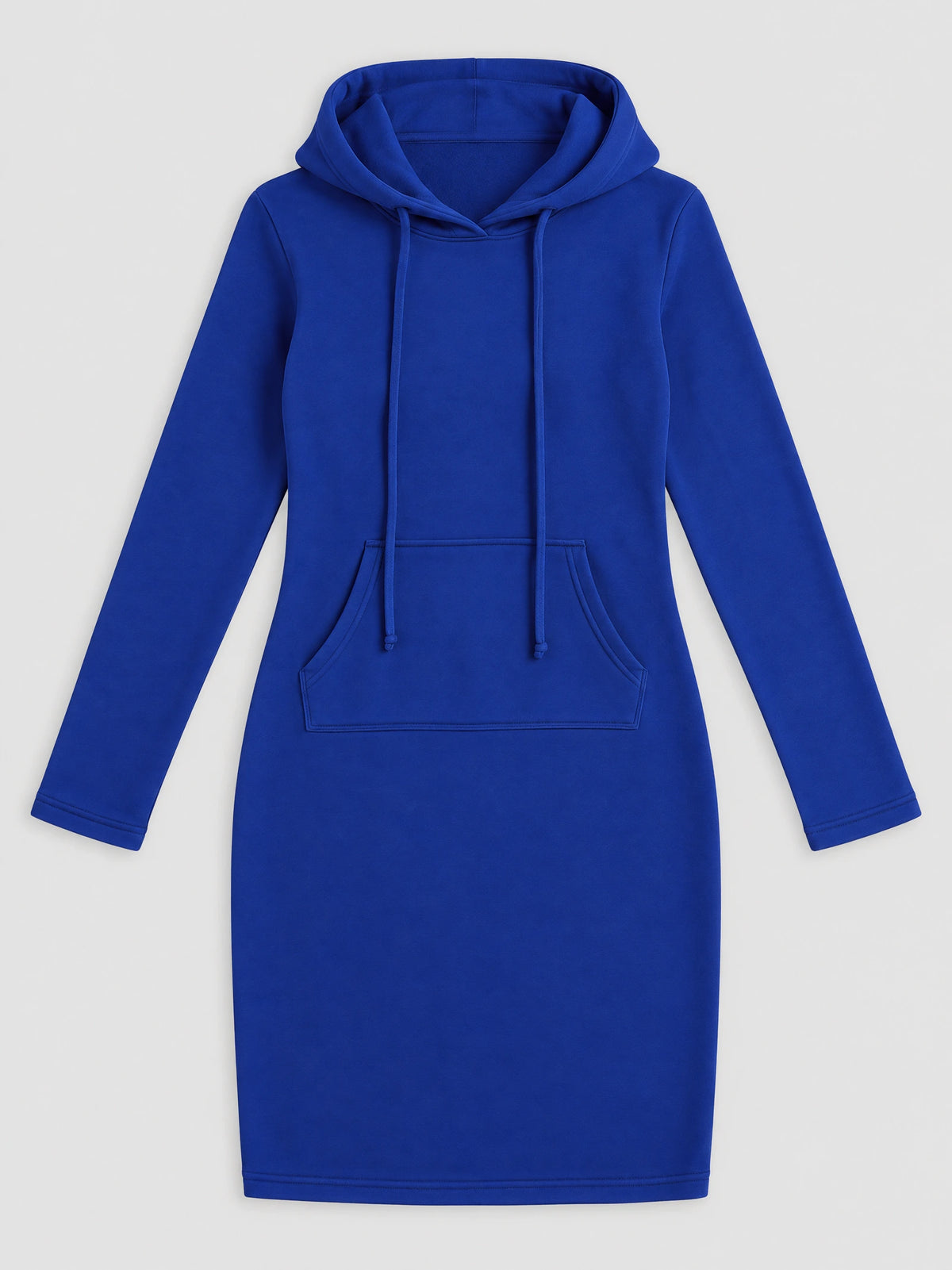Blue cotton hooded dress laid flat, featuring long sleeves, drawstrings, and a front kangaroo pocket.
