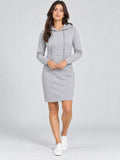 Model wearing a Gray cotton Hooded Dress with drawstrings, long sleeves, and a front kangaroo pocket in a studio front view.