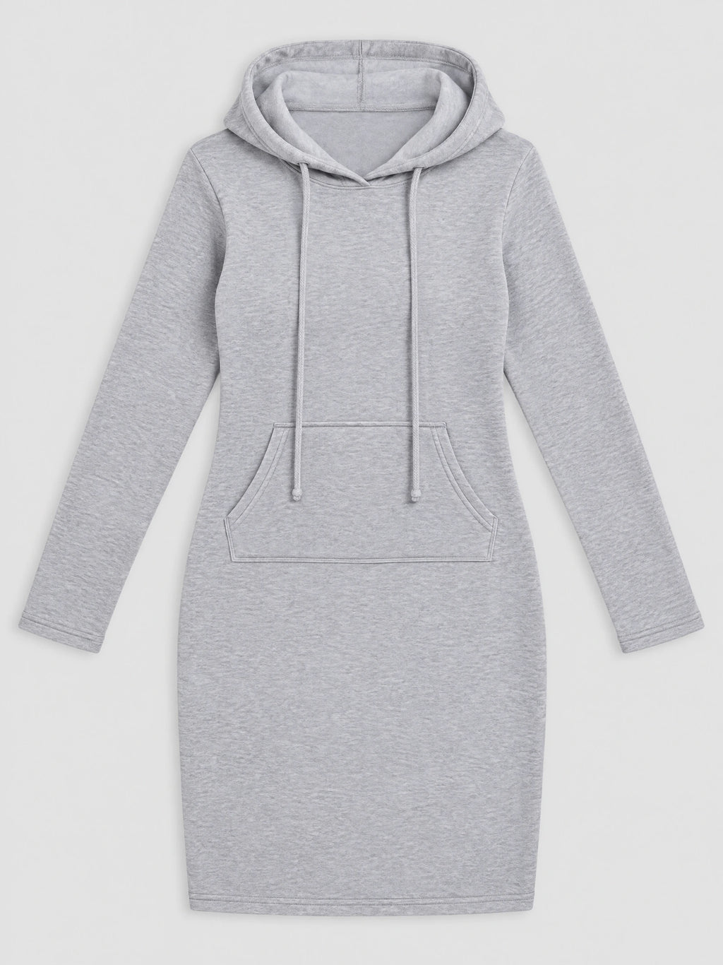 Gray cotton hooded dress laid flat, featuring long sleeves, drawstring hood, and front kangaroo pocket.