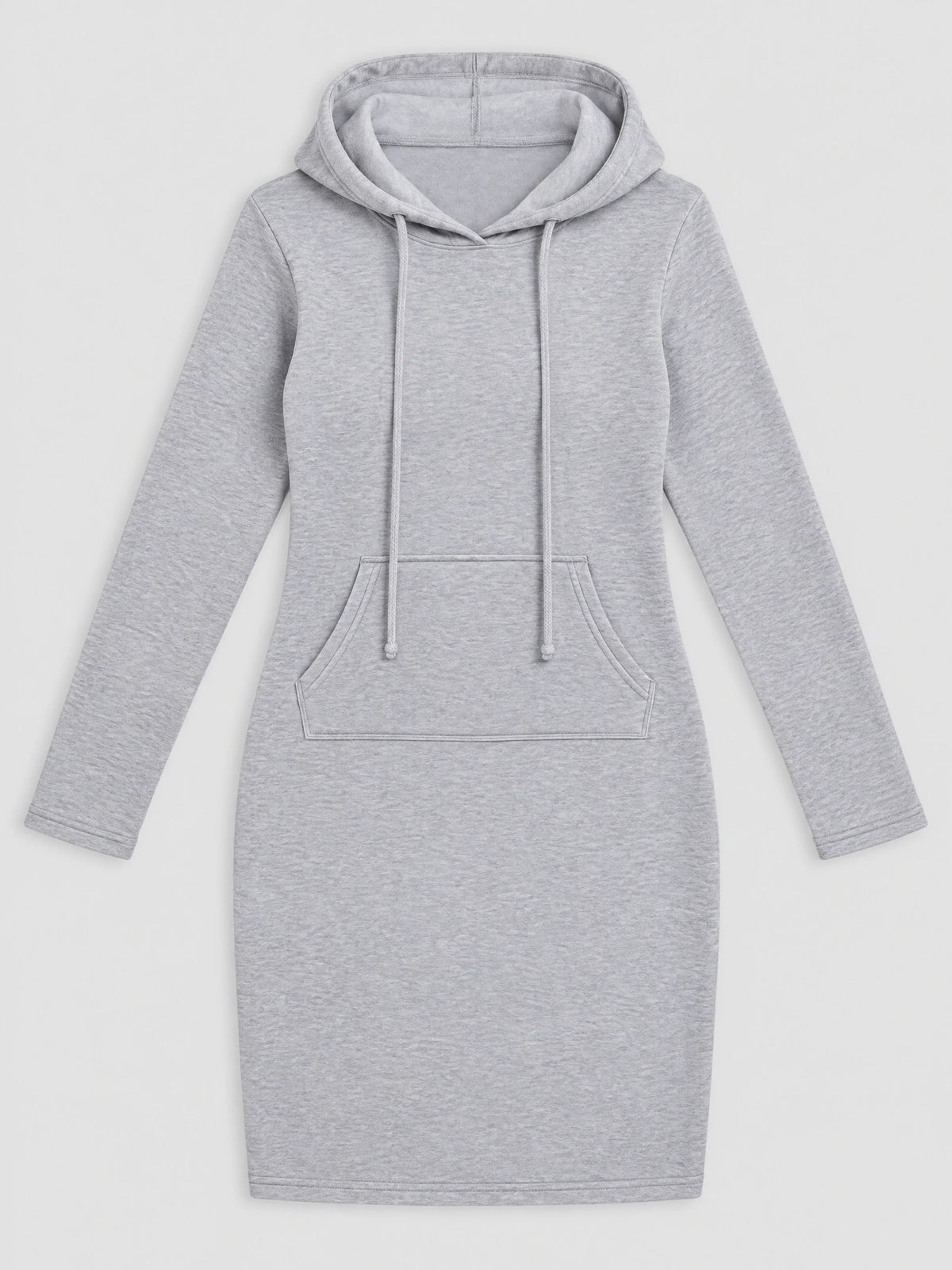 Gray cotton hooded dress laid flat, featuring long sleeves, drawstring hood, and front kangaroo pocket.