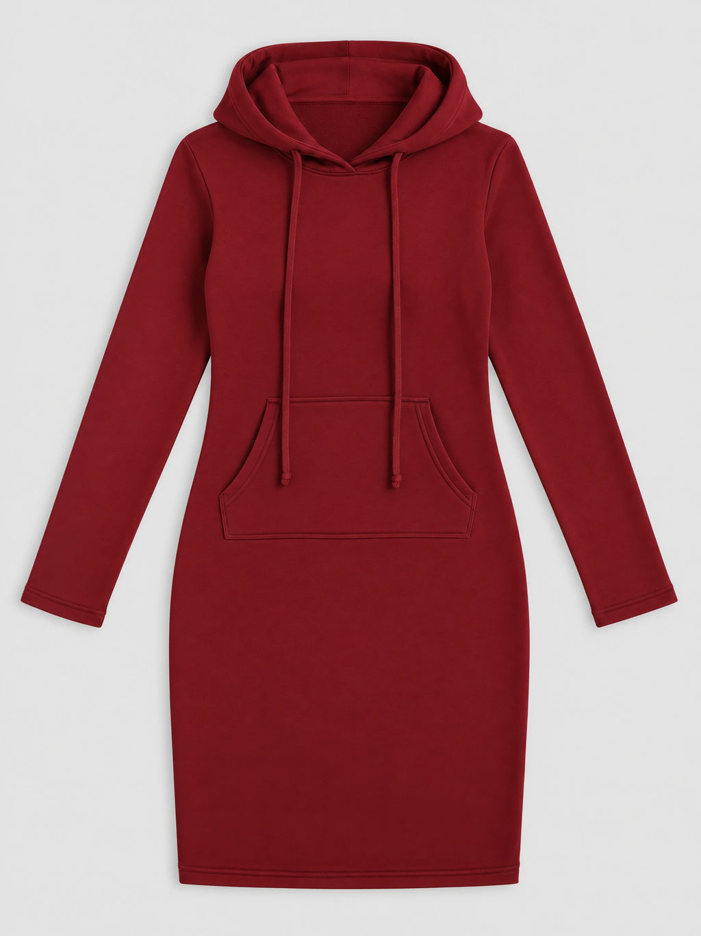 Red cotton hooded dress laid flat, featuring long sleeves, drawstrings, and a front kangaroo pocket.