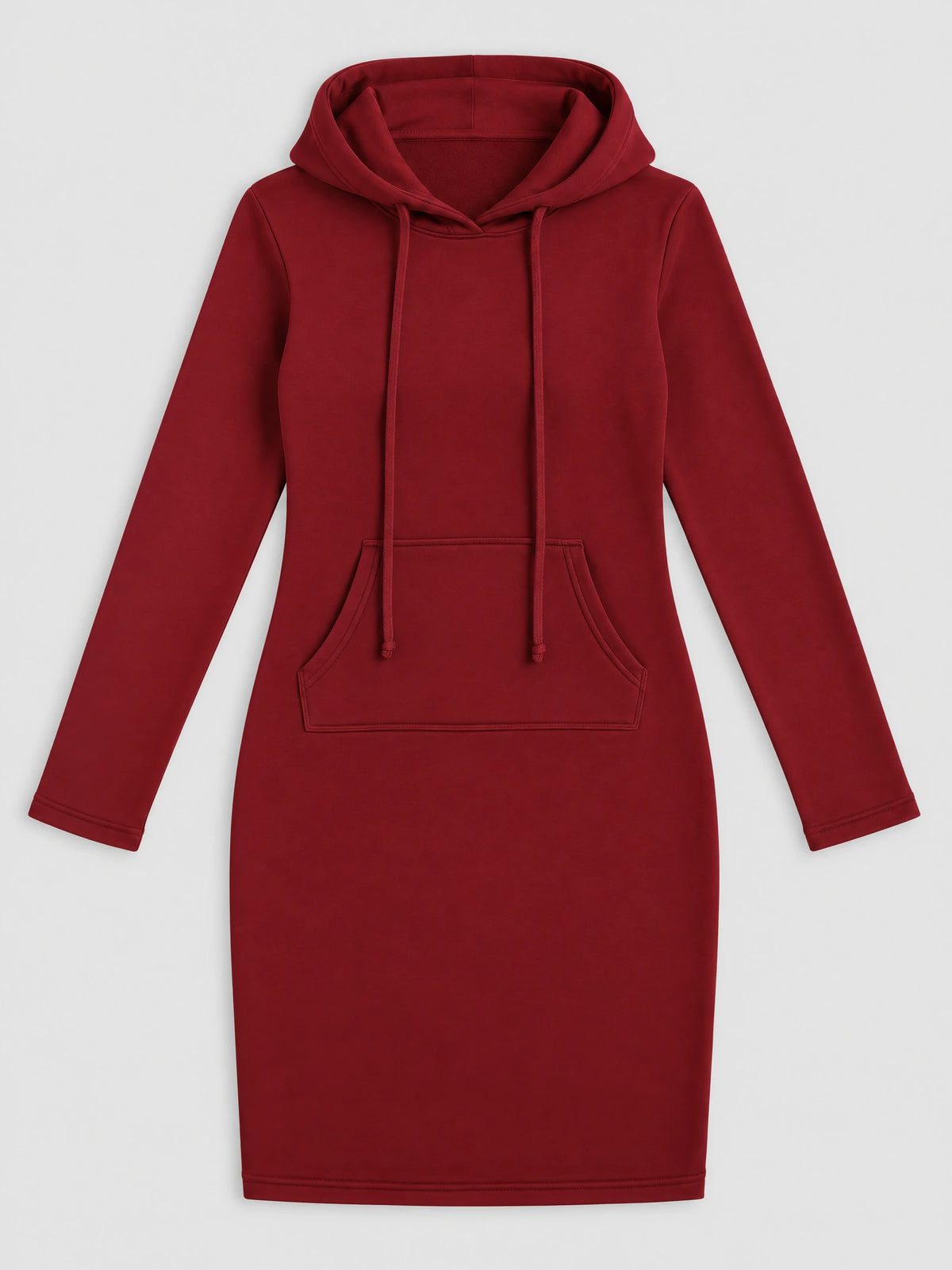 Red cotton hooded dress laid flat, featuring long sleeves, drawstrings, and a front kangaroo pocket.