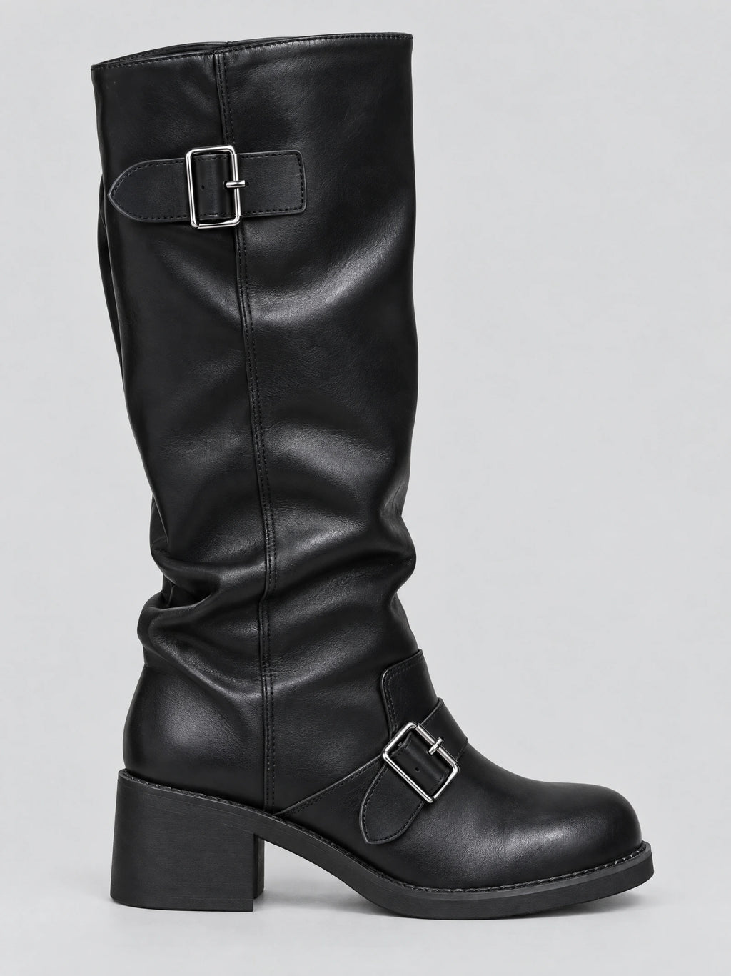Side view of a Black leather knee high chunky boot with adjustable buckle straps and a block heel.
