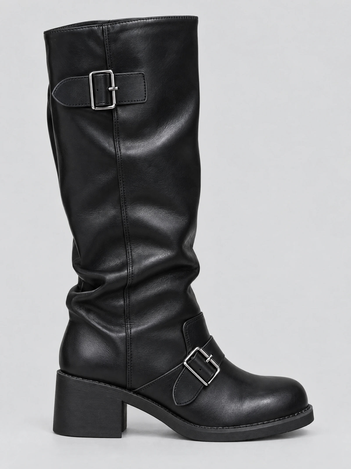 Side view of a Black leather knee high chunky boot with adjustable buckle straps and a block heel.