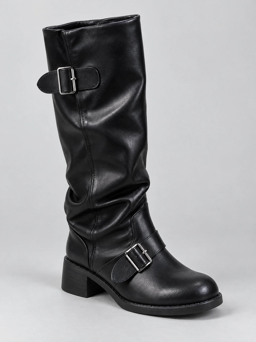 Black leather knee high chunky boot shown in three-quarter view with two buckle straps and a block platform heel.