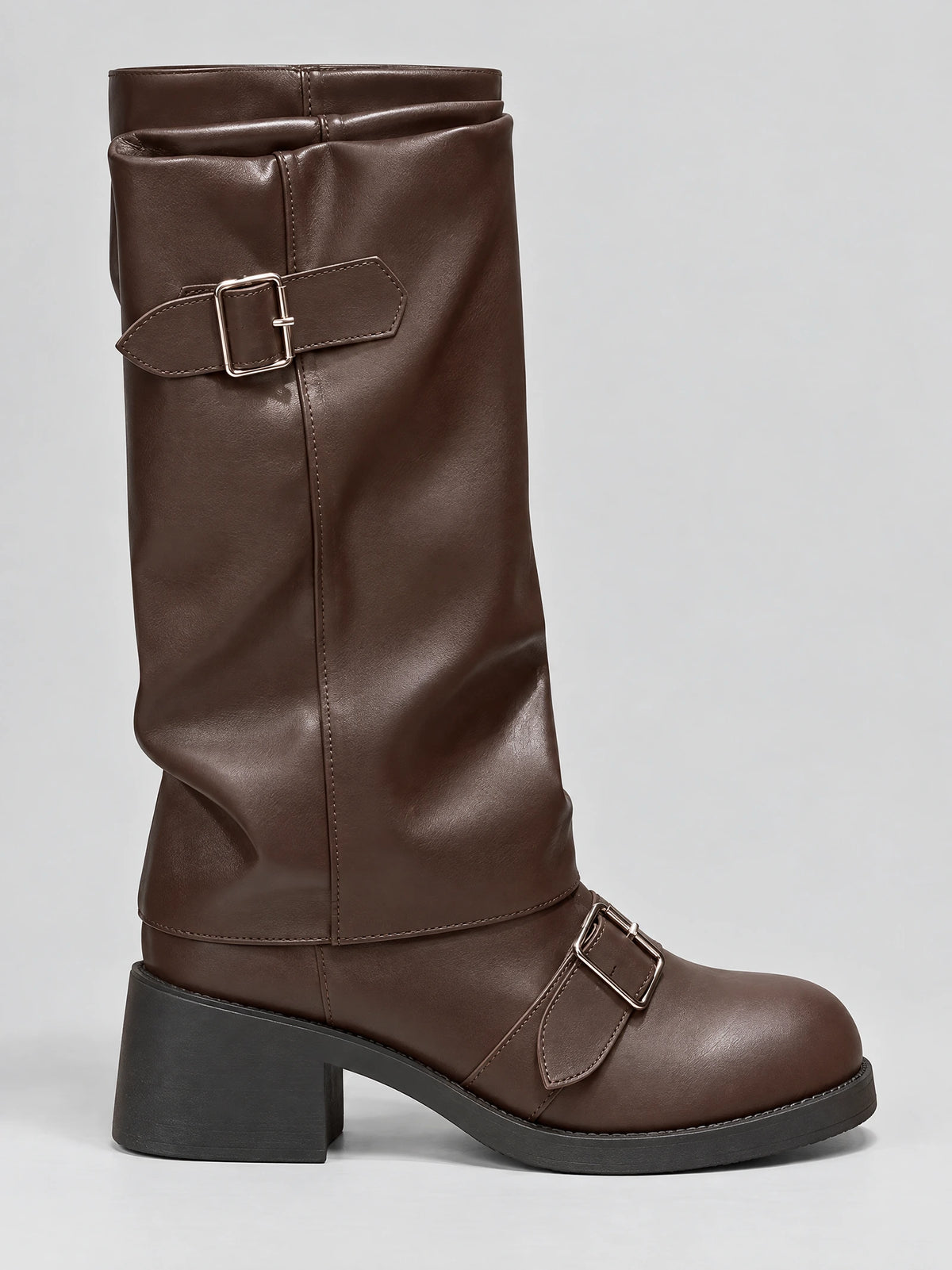 Side view of a Brown leather knee high chunky boot with stitched panels, buckle straps, and a platform block heel.