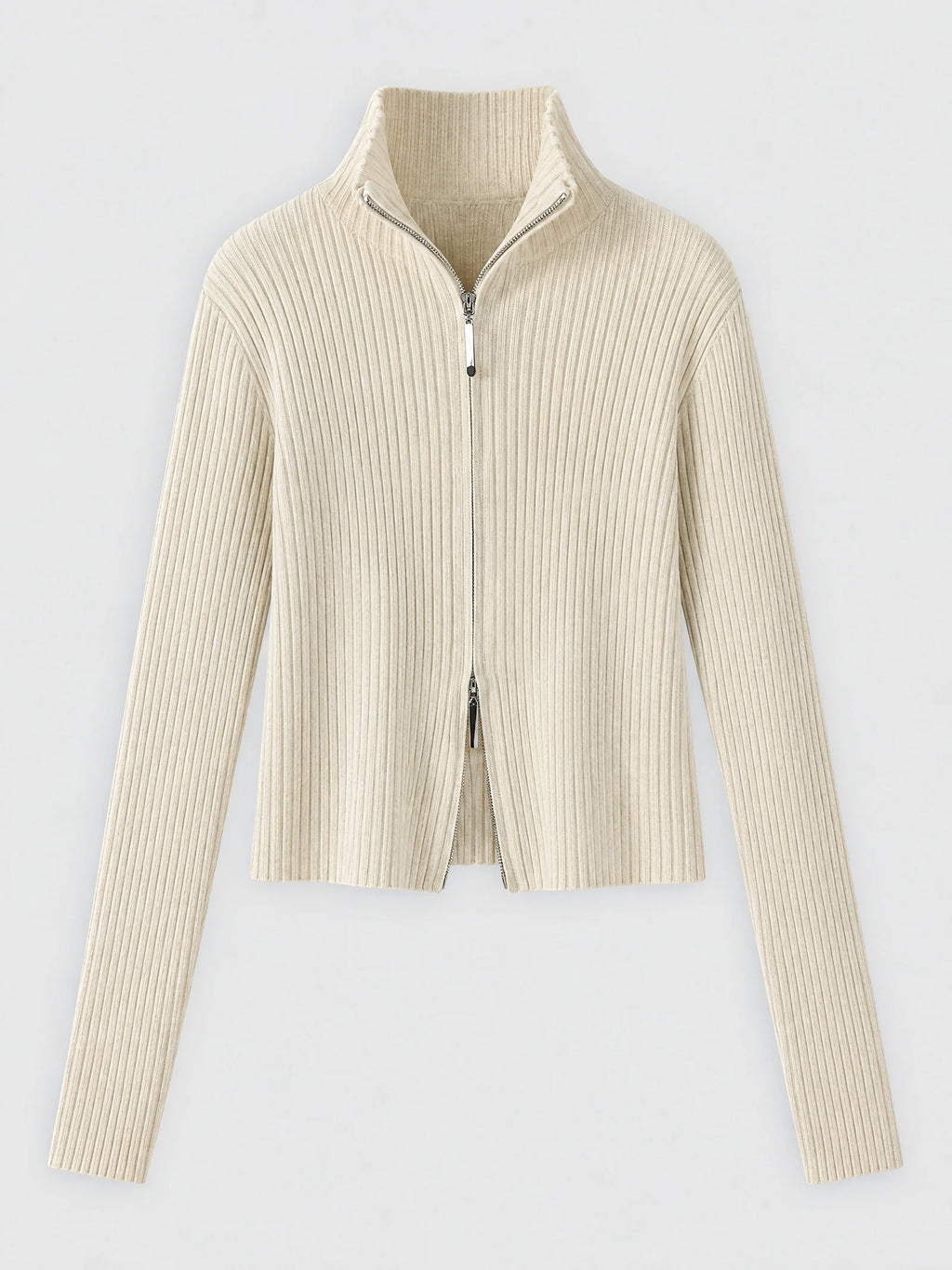 Beige ribbed knit cardigan laid flat, featuring a high collar, long sleeves, and a two-way front zipper.