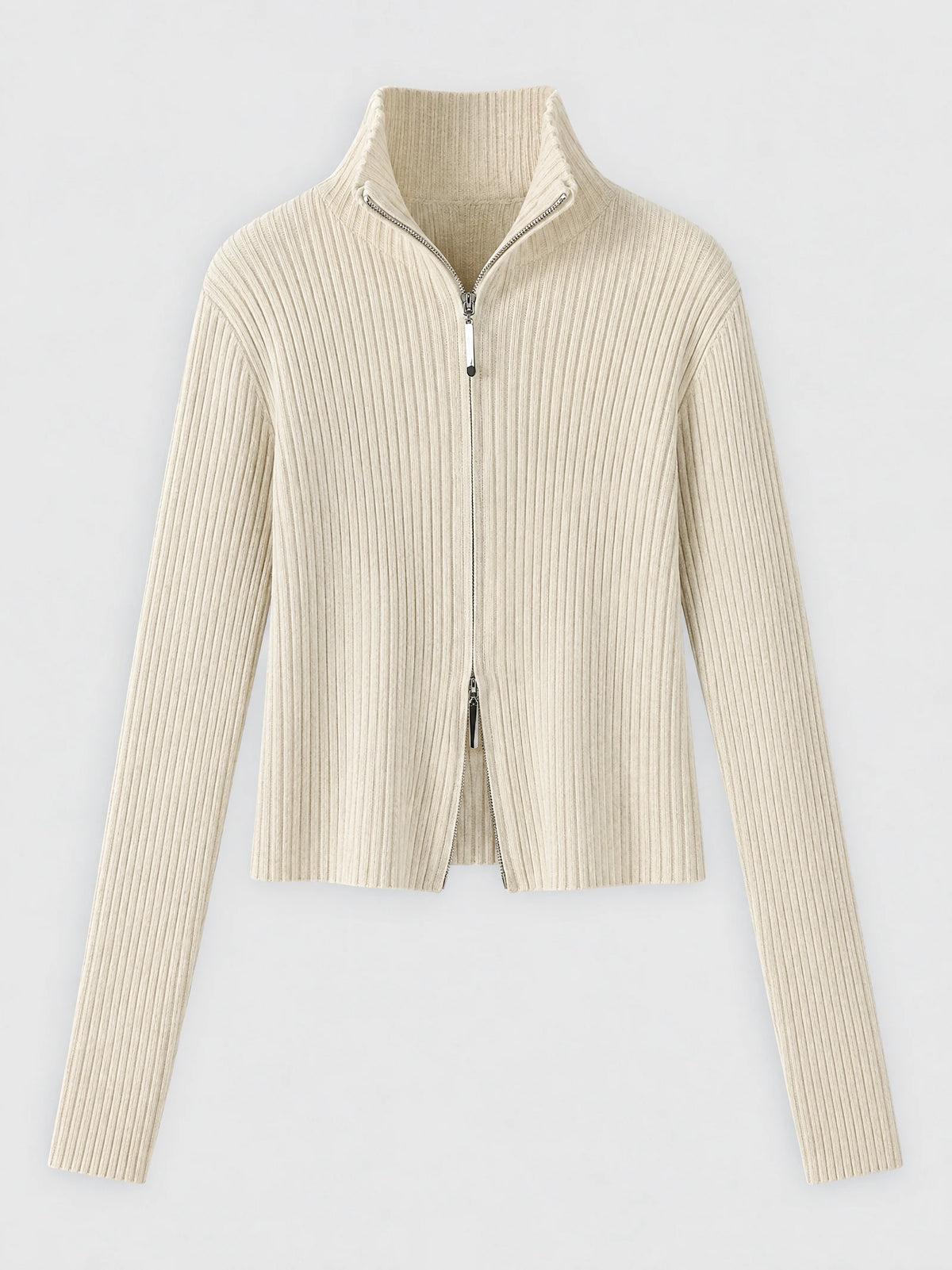 Beige ribbed knit cardigan laid flat, featuring a high collar, long sleeves, and a two-way front zipper.