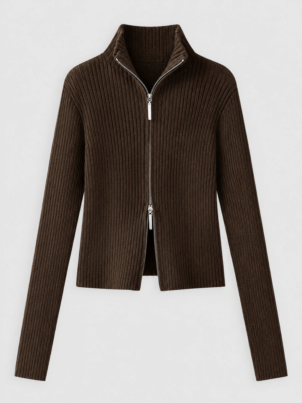 Brown ribbed knit cardigan laid flat with a high collar, long sleeves, and two-way front zipper.