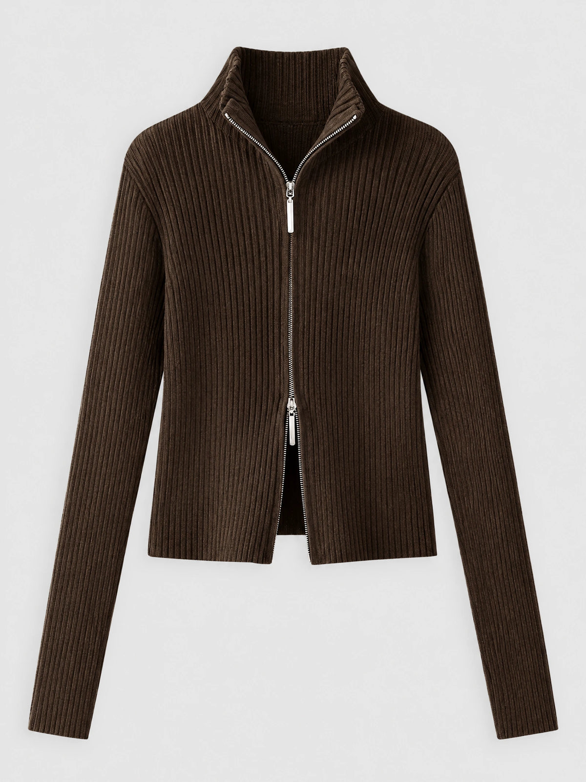 Brown ribbed knit cardigan laid flat with a high collar, long sleeves, and two-way front zipper.