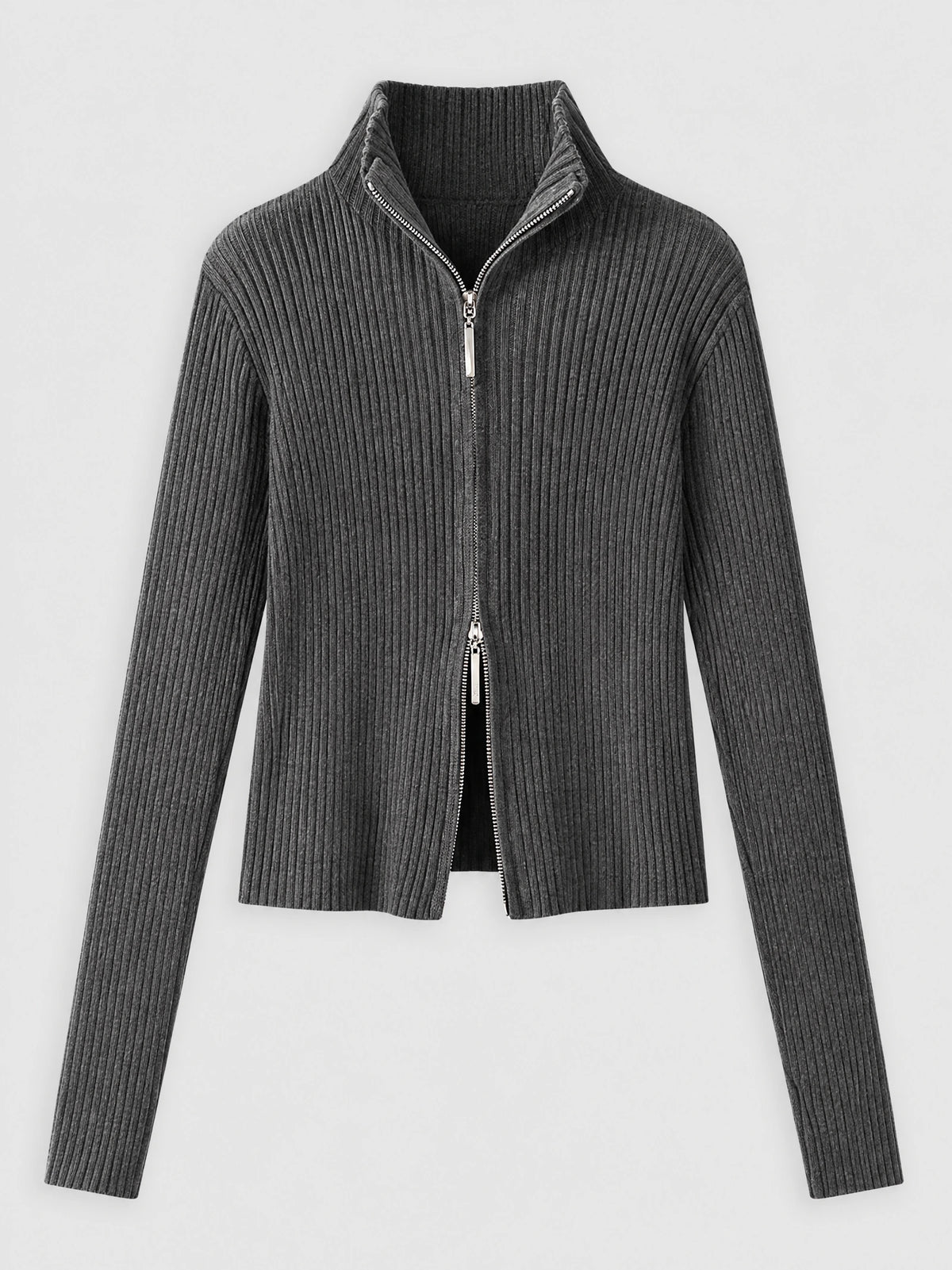 Gray ribbed knit cardigan laid flat, featuring a stand collar and two-way front zipper.