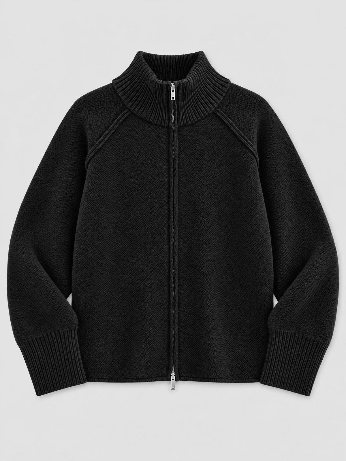 Black Knit Full Zip Sweater laid flat, featuring a ribbed stand collar, full front zipper, and ribbed cuffs.