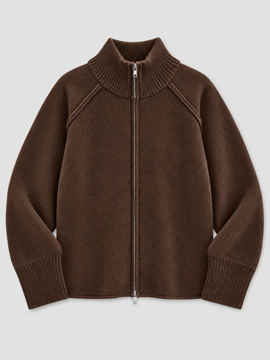 Brown Knit Full Zip Sweater laid flat, featuring a ribbed stand collar, front zipper, and ribbed cuffs.