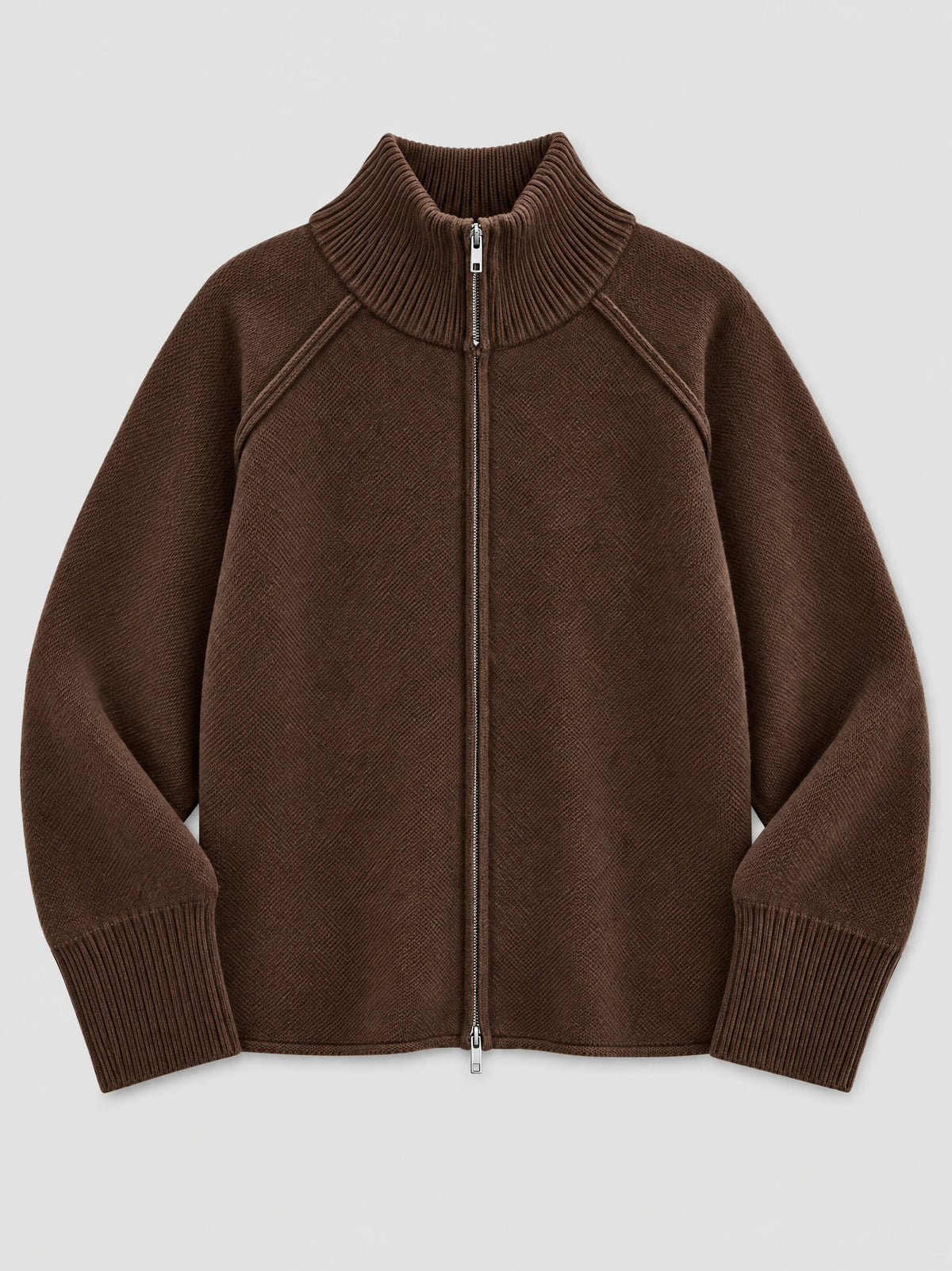Brown Knit Full Zip Sweater laid flat, featuring a ribbed stand collar, front zipper, and ribbed cuffs.