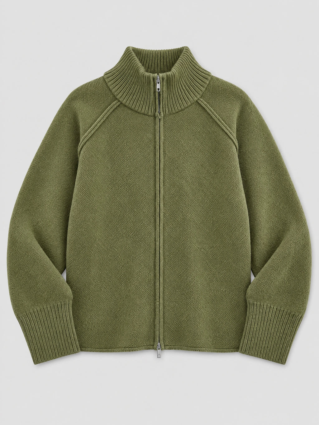 Green knit full zip sweater laid flat, featuring a ribbed stand collar, raglan sleeves, and ribbed cuffs.