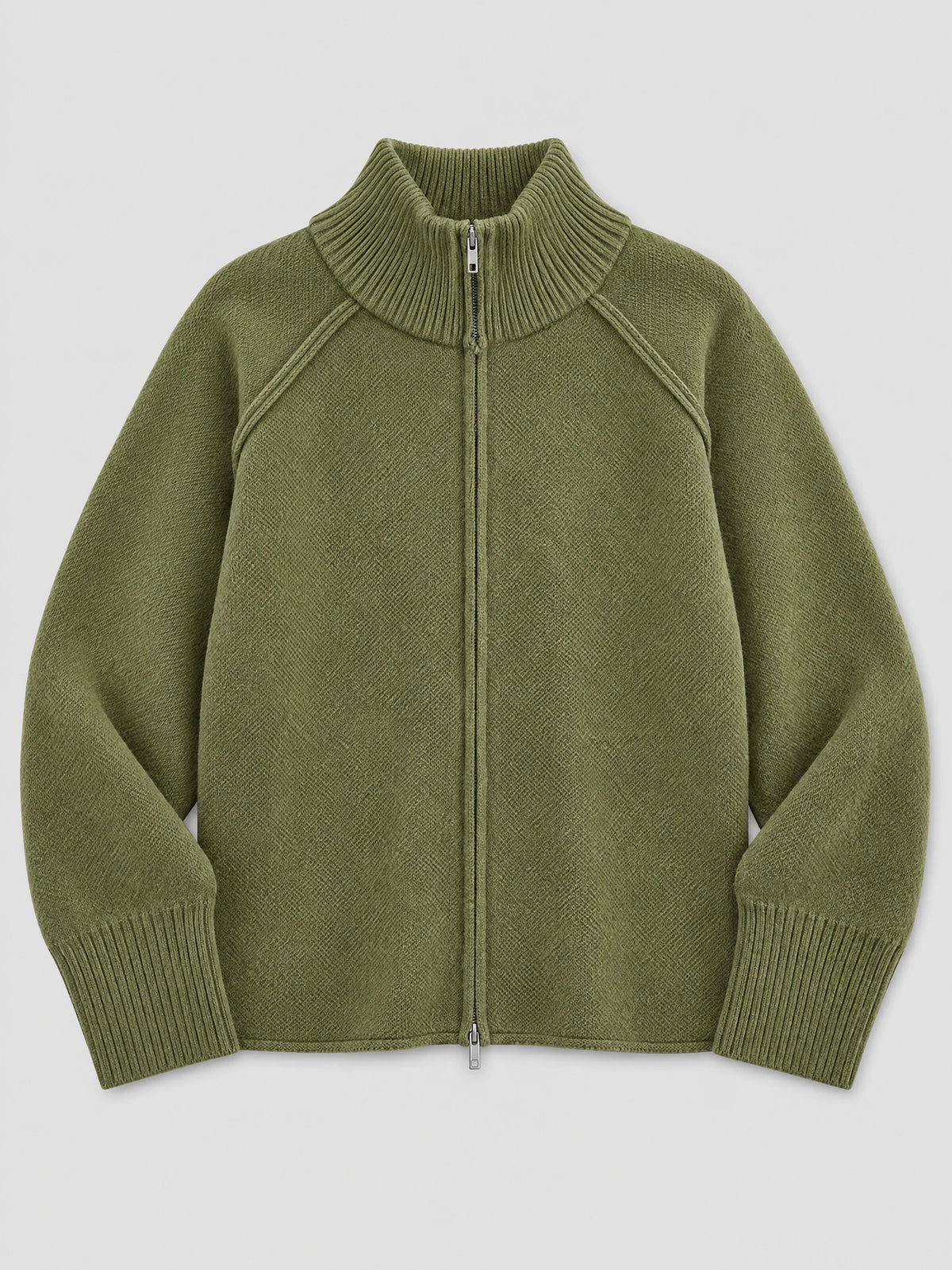 Green knit full zip sweater laid flat, featuring a ribbed stand collar, raglan sleeves, and ribbed cuffs.