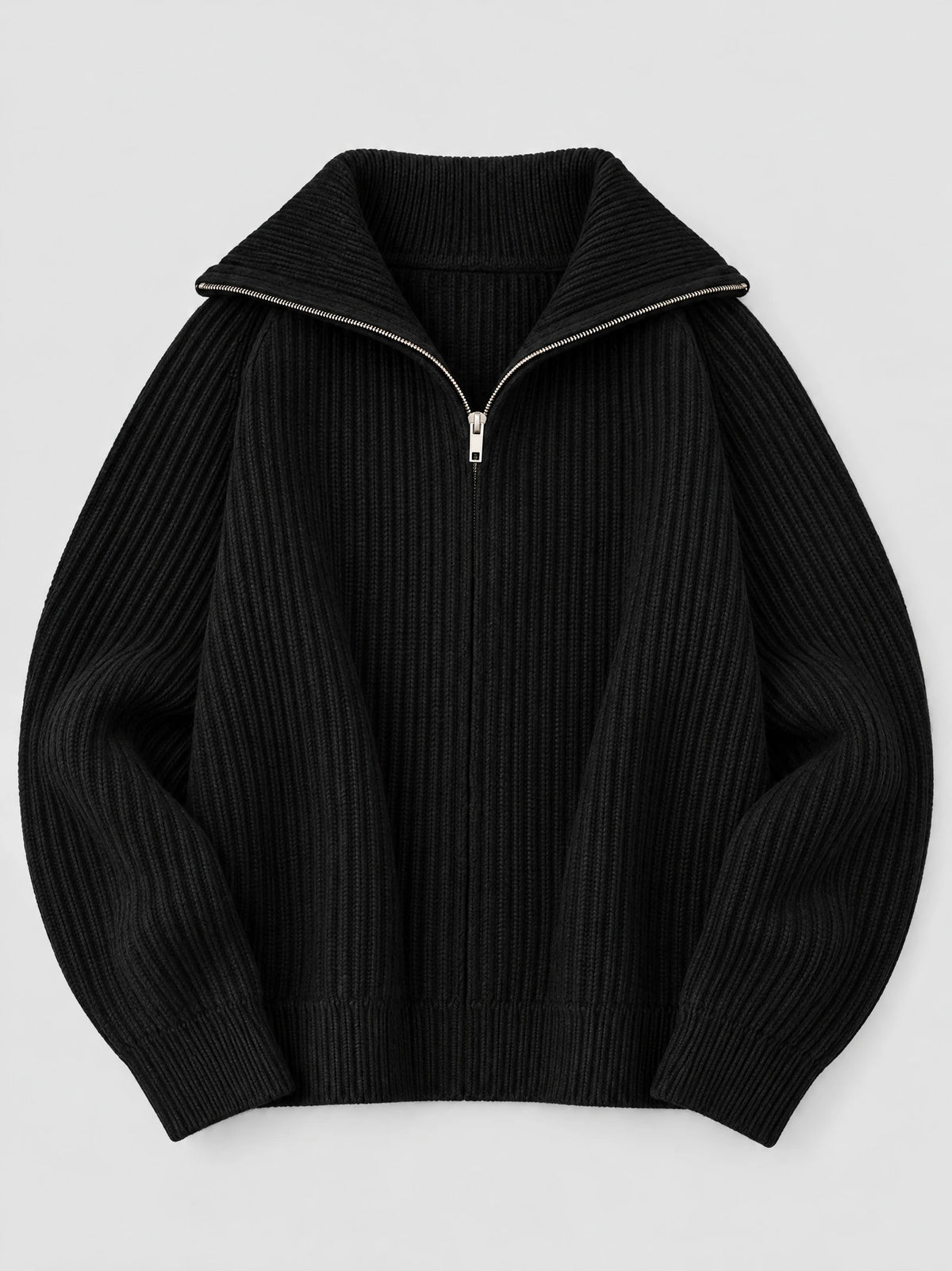 Black ribbed Knit Turtle neck Cardigan laid flat, featuring a wide folded collar and front zip closure.