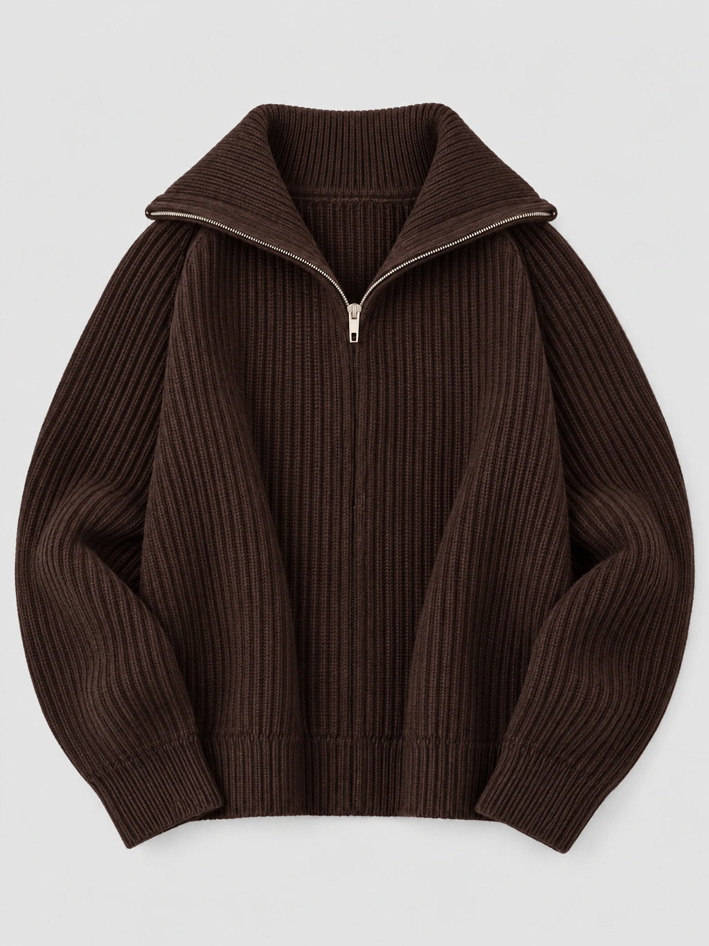 Brown ribbed knit turtleneck cardigan laid flat, featuring a half-zip front and long sleeves.