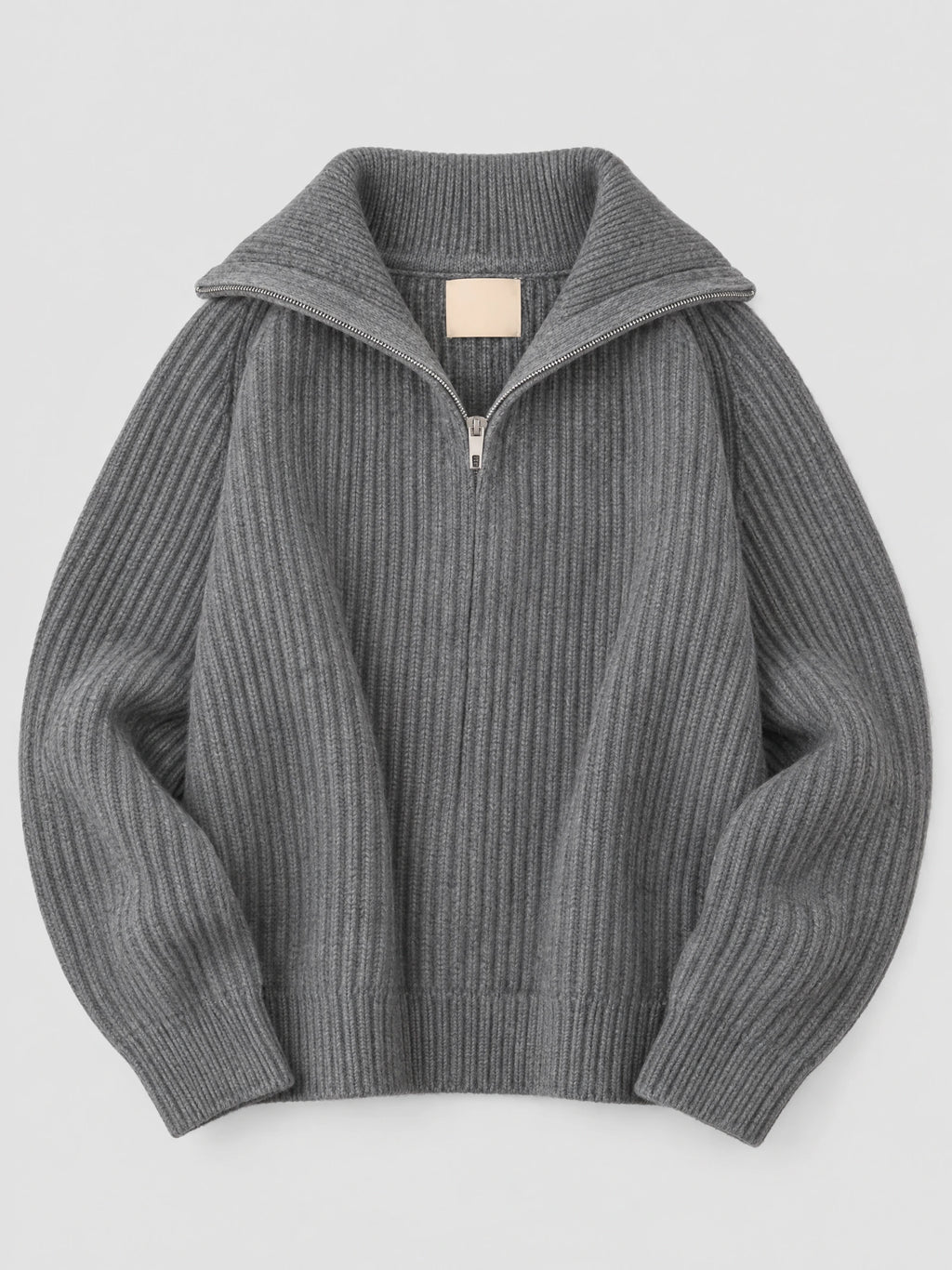 Gray ribbed knit turtle neck cardigan laid flat, featuring a wide zip collar and long sleeves.