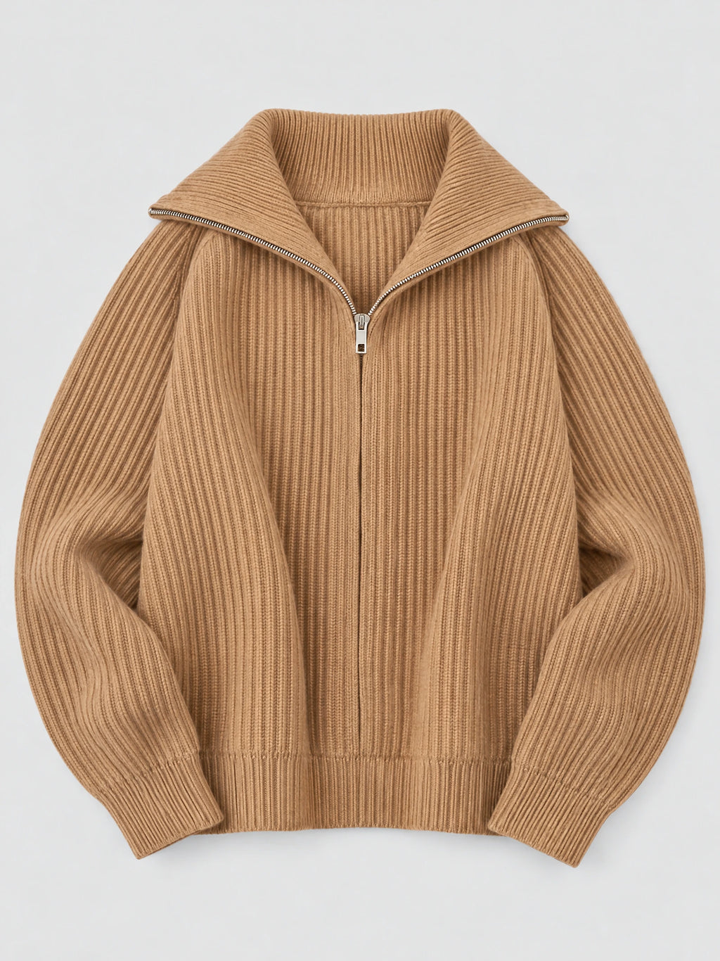 Khaki knit turtle neck cardigan laid flat, featuring ribbed texture, long sleeves, and a half-zip collar.