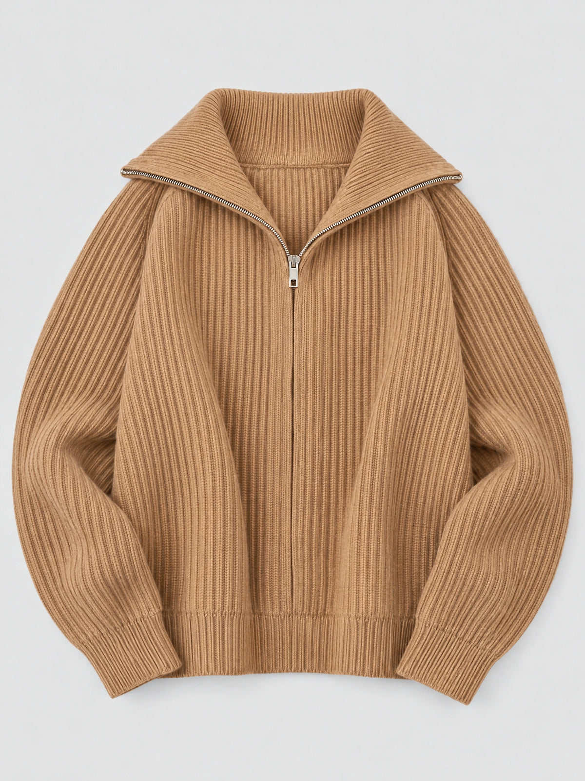 Khaki knit turtle neck cardigan laid flat, featuring ribbed texture, long sleeves, and a half-zip collar.