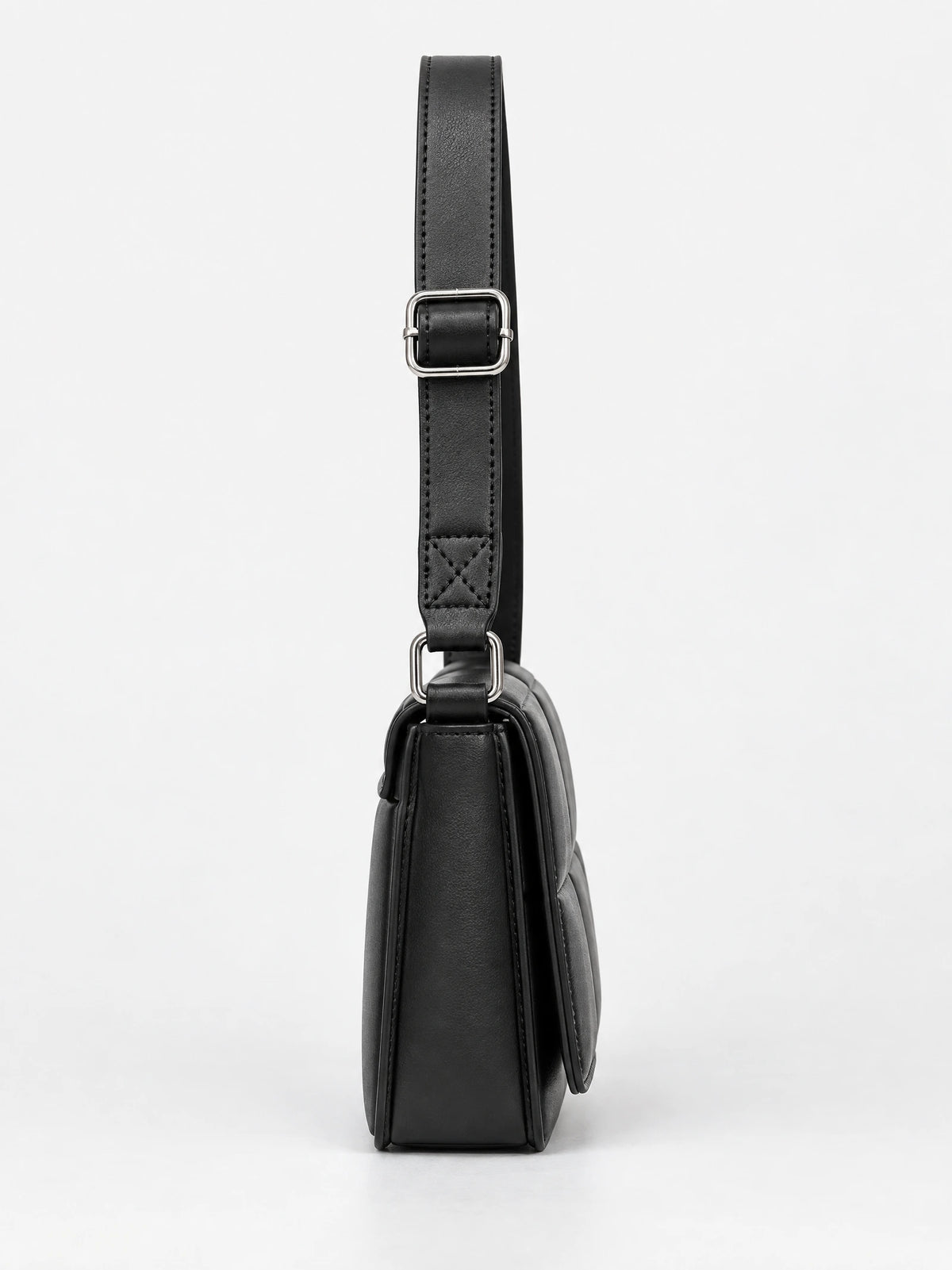 Side view of a Black leather cross body bag with a stitched adjustable strap and metal buckle.