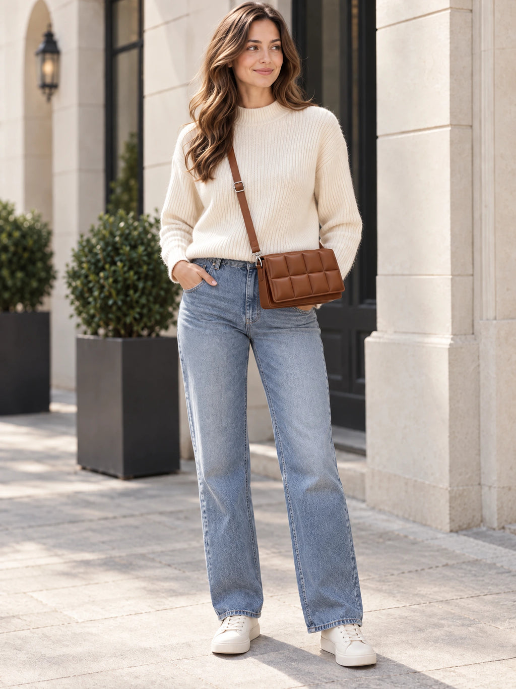 Woman wearing a Brown leather cross body bag with a quilted front panel outside a stone-front building.