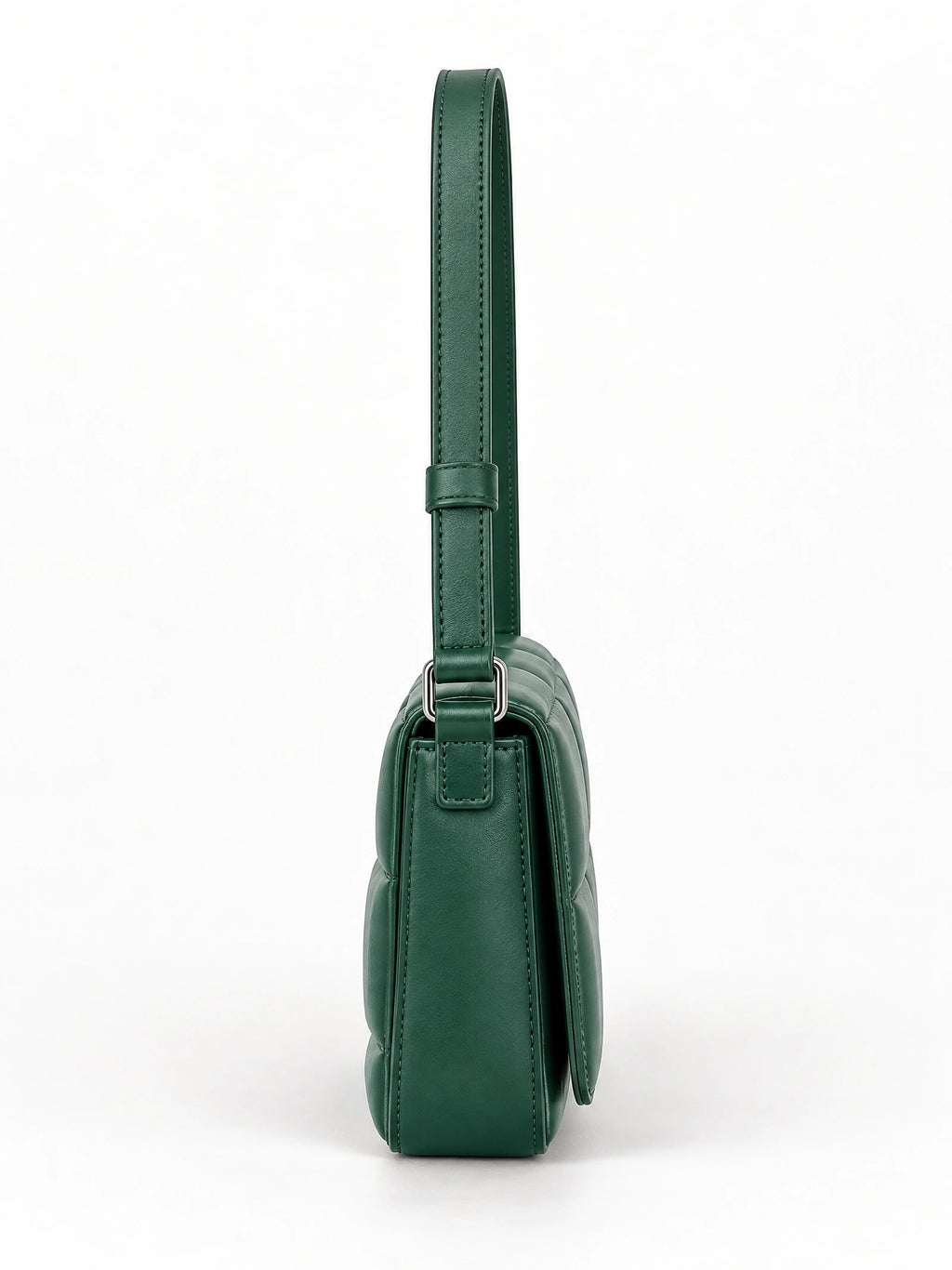 Side view of a Green leather cross body bag with stitched adjustable strap and metal hardware.