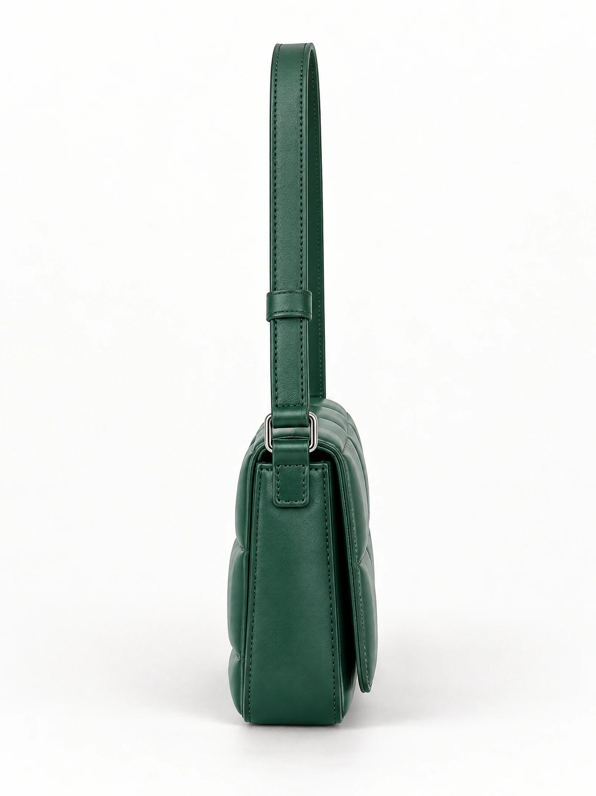 Side view of a Green leather cross body bag with stitched adjustable strap and metal hardware.