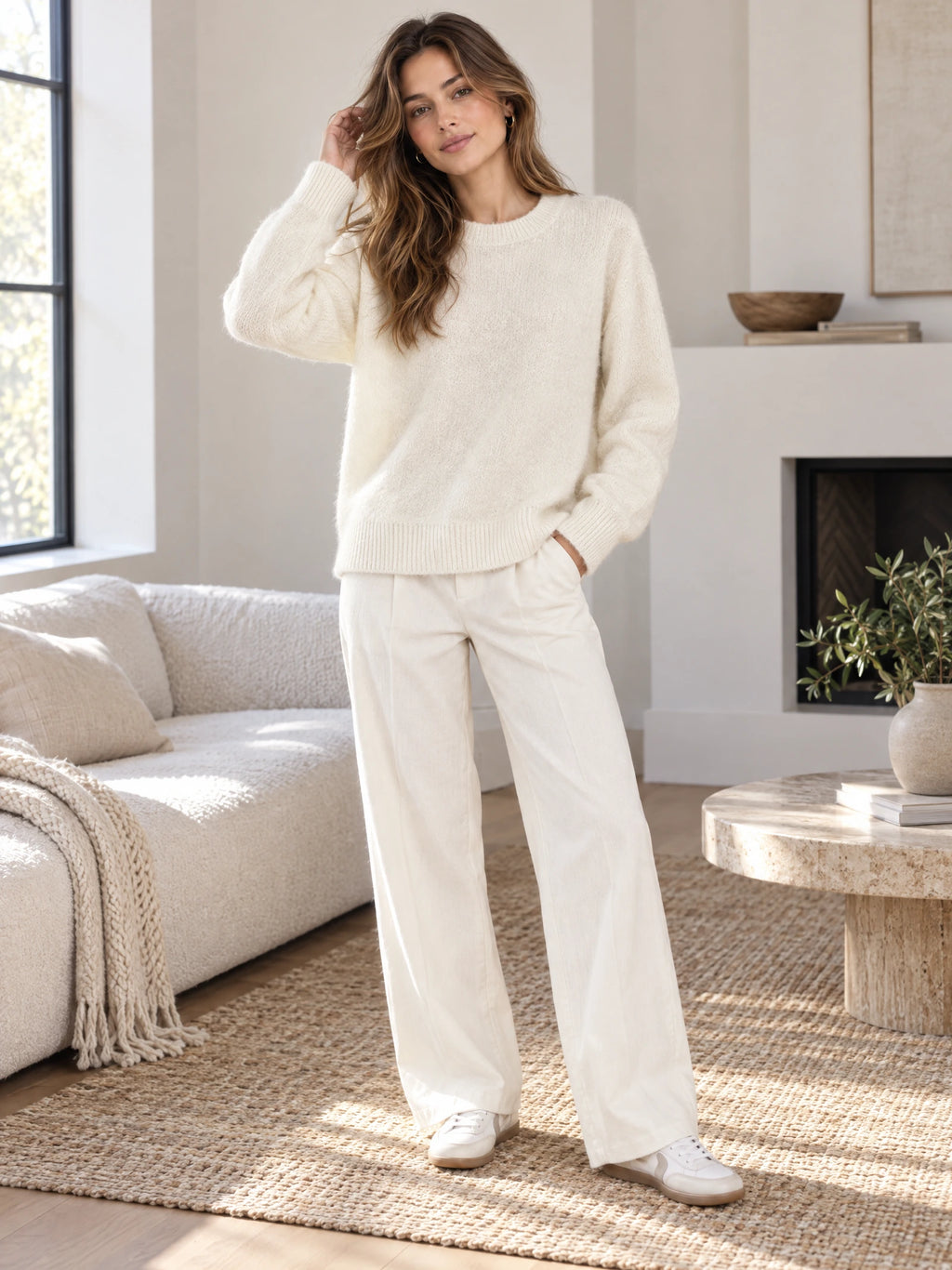 Model wearing a Beige Women Mohair Winter Sweater with ribbed cuffs and hem in a sunlit living room.