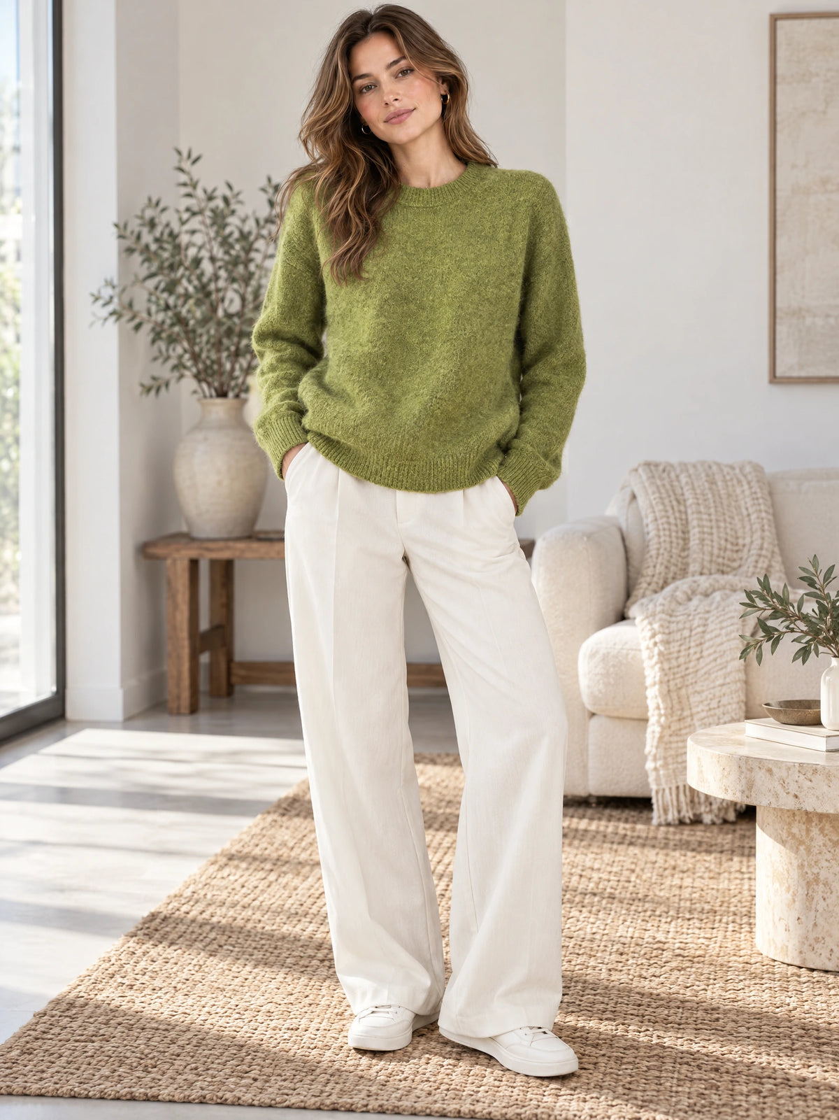 Model wearing a Green mohair winter sweater with ribbed trim in a sunlit living room.